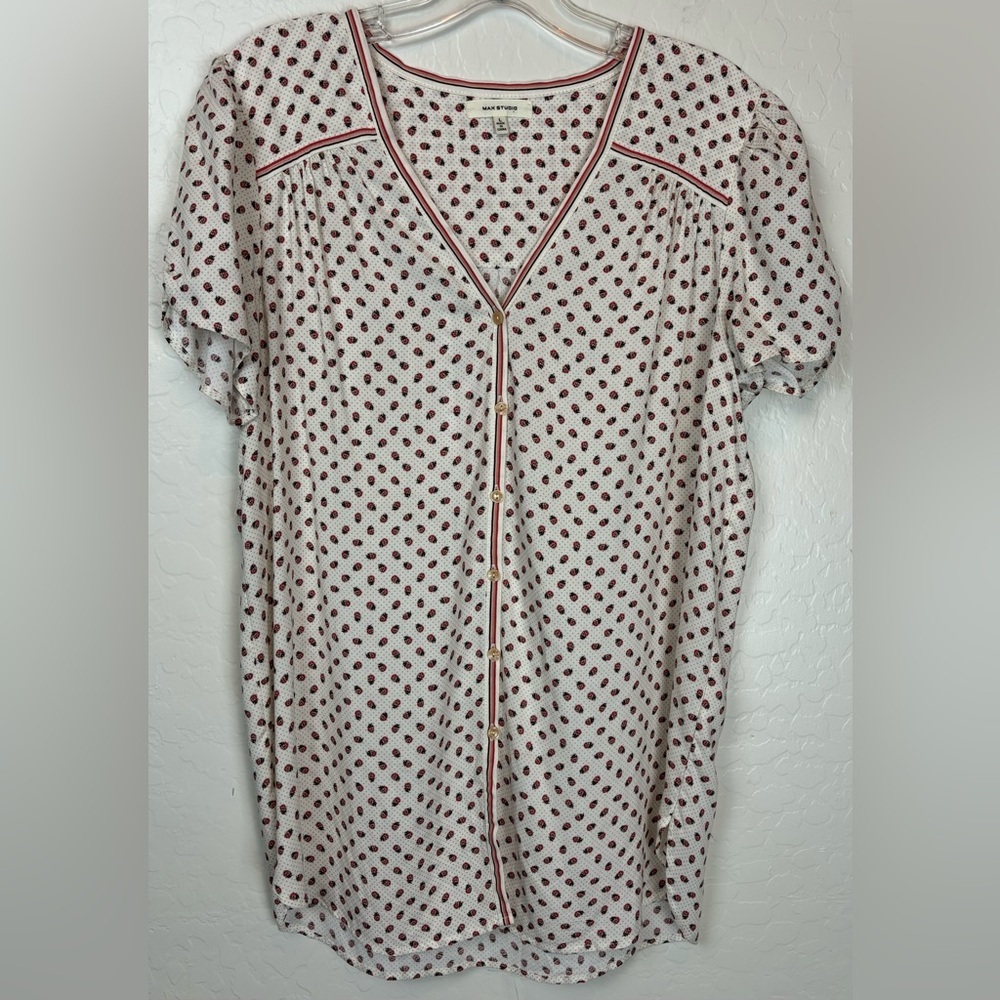 Max Studio Ladybug Button Up Short Sleeve Top Size‎ L Ivory Pink Cottage 0202